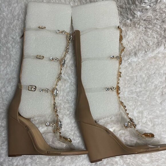 Shoe Dazzle Yulanda clear Gladiator wedge sandals jewels&gold tone accents SZ8.5 - Picture 8 of 14